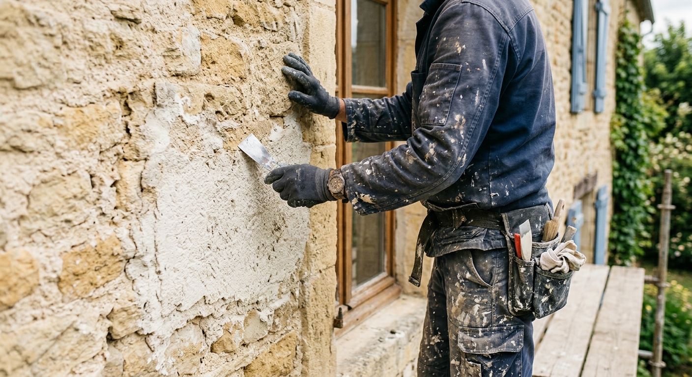 Artisan peintre analysant l'humidité d'un mur extérieur