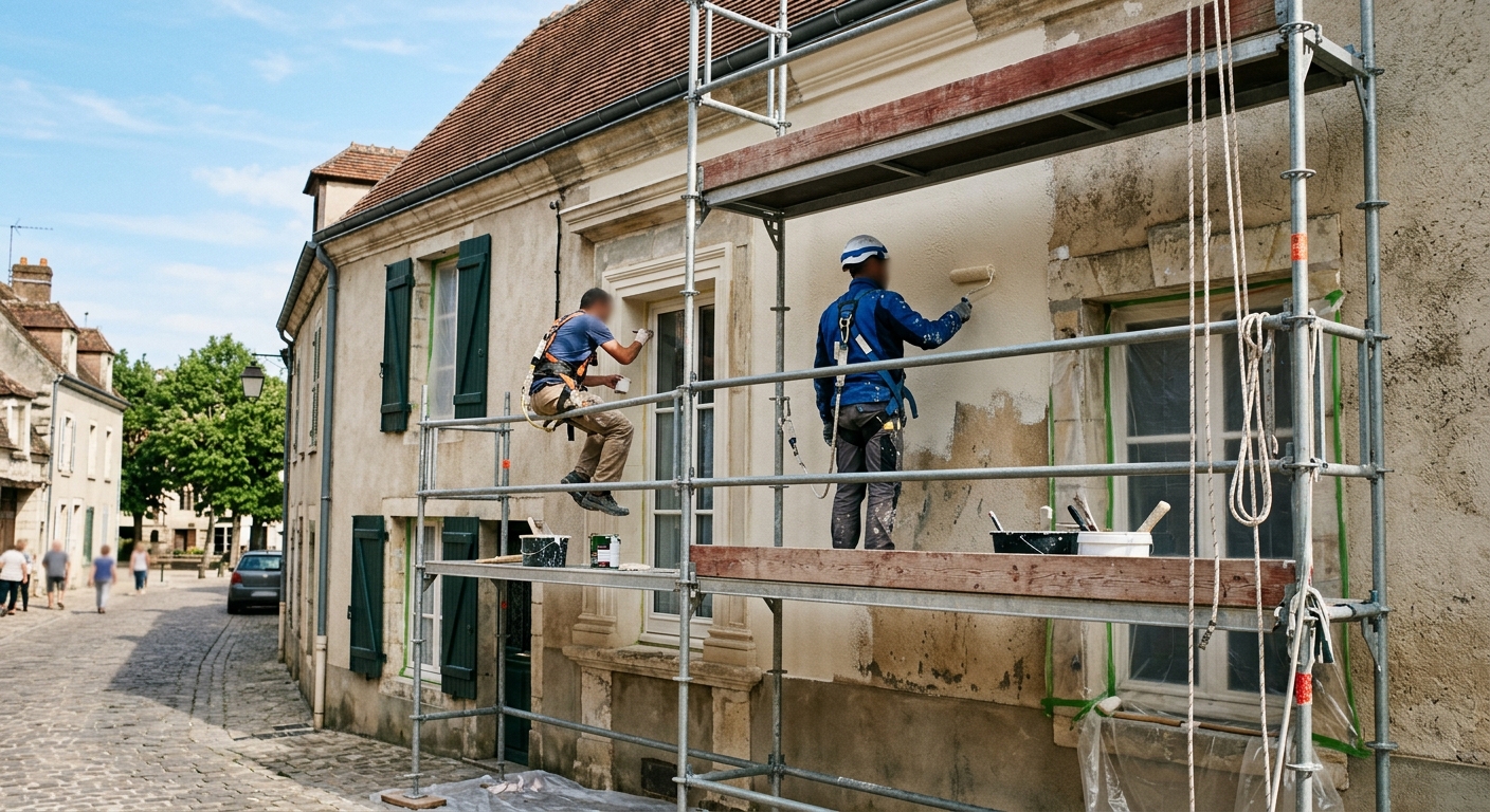 Équipe de peintres professionnels sur échafaudage
